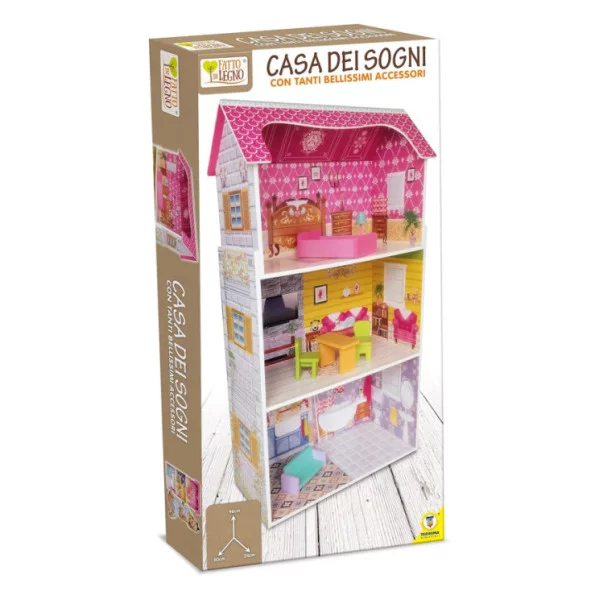 Casa delle Bambole in Legno Teorema 40602 – 3 Piani e 5 Stanze con Arredi e Decorazioni, Altezza 96cm