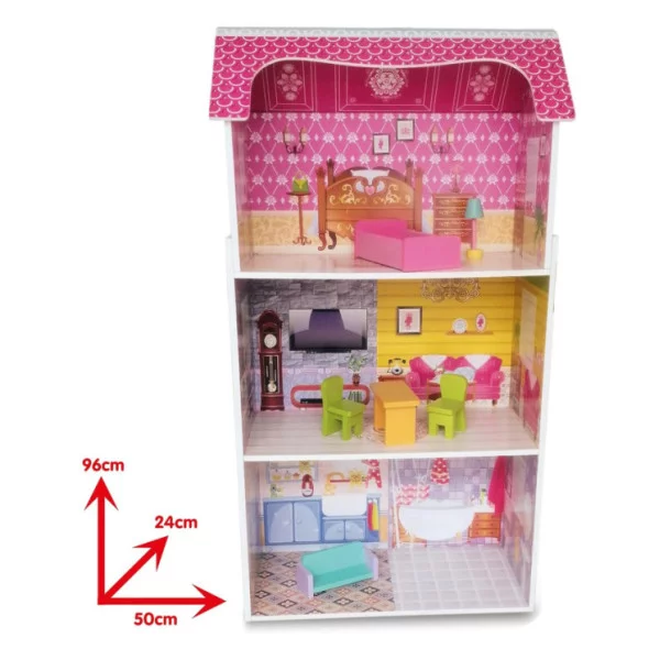 Casa delle Bambole in Legno Teorema 40602 – 3 Piani e 5 Stanze con Arredi e Decorazioni, Altezza 96cm