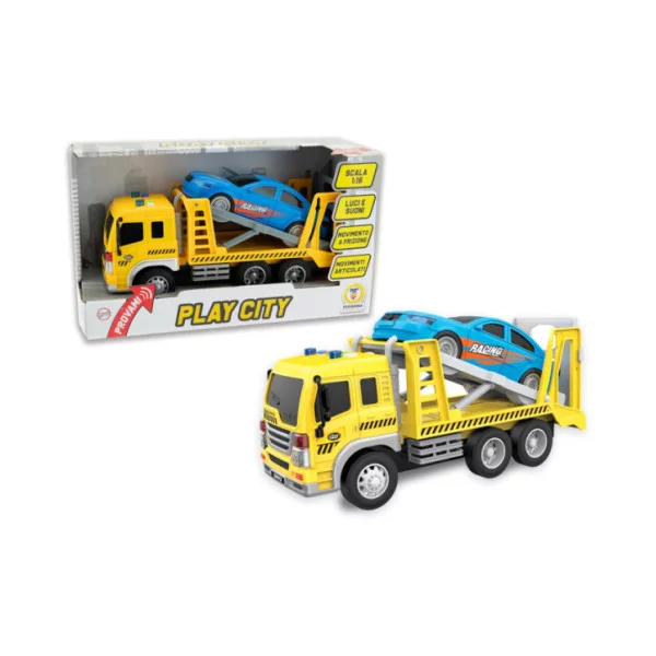 Camion Bisarca 1:16 con Auto da Corsa – Veicolo Giocattolo con Luci, Suoni e Movimento a Frizione per Bambini Teorema