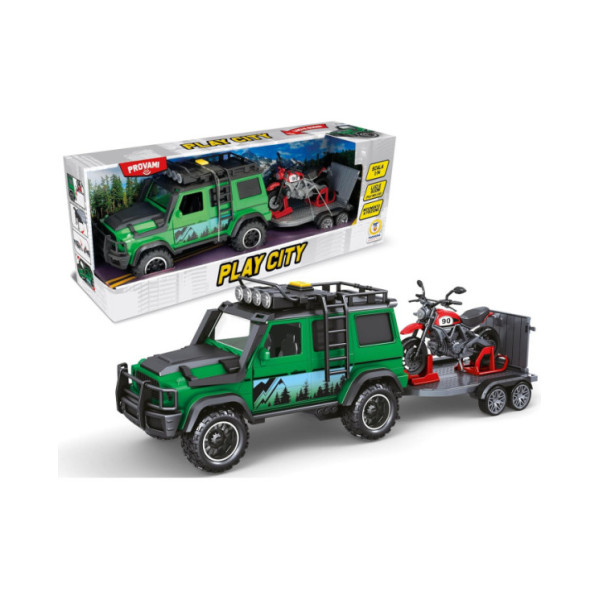 Macchinina Fuoristrada con Rimorchio e Moto – Veicolo Giocattolo con Luci, Suoni e Movimento a Frizione Teorema