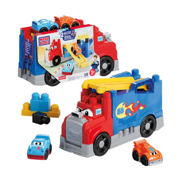 Mega Bloks Autotreno Monta e Sfrescia – Set con 19 Blocchi e 2 Macchinine da Corsa per Bambini 1+ Anni Fisher-Price JFR29