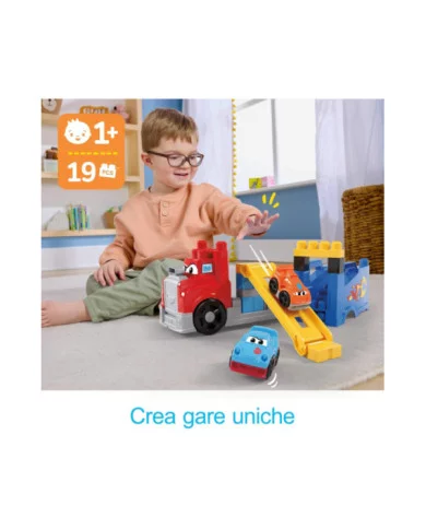Mega Bloks Autotreno Monta e Sfrescia – Set con 19 Blocchi e 2 Macchinine da Corsa per Bambini 1+ Anni Fisher-Price JFR29