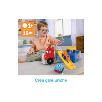 Mega Bloks Autotreno Monta e Sfrescia – Set con 19 Blocchi e 2 Macchinine da Corsa per Bambini 1+ Anni Fisher-Price JFR29