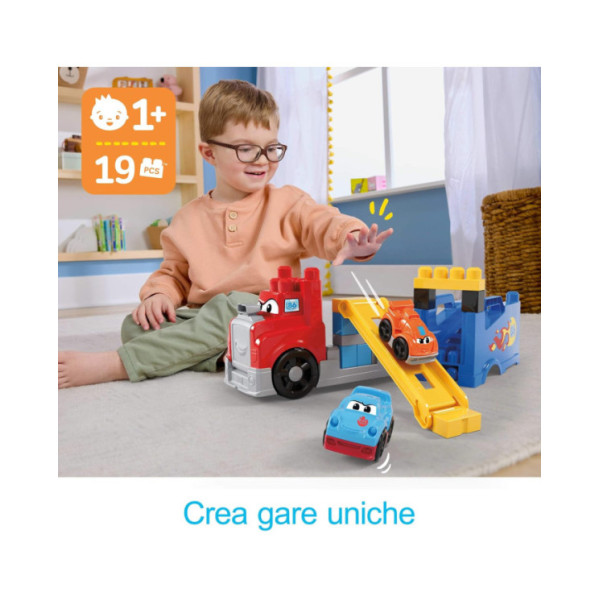 Mega Bloks Autotreno Monta e Sfrescia – Set con 19 Blocchi e 2 Macchinine da Corsa per Bambini 1+ Anni Fisher-Price JFR29