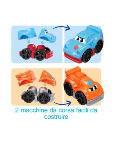 Mega Bloks Autotreno Monta e Sfrescia – Set con 19 Blocchi e 2 Macchinine da Corsa per Bambini 1+ Anni Fisher-Price JFR29