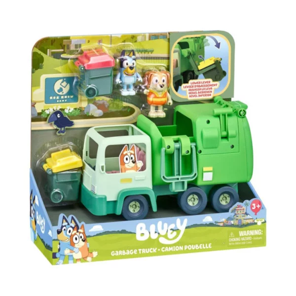 Bluey Camion Nettezza Urbana Playset con 2 Personaggi Articolati da 7 cm e Accessori, Veicolo Interattivo 3+ Anni