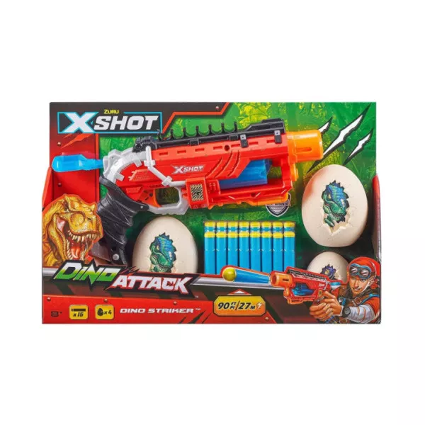 X-Shot Dino Attack Dino Striker – Blaster con 16 Dardi e 4 Uova di Dinosauro per Bambini 8+ Anni