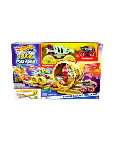 Hot Wheels Monster Trucks Power Smashers – Pista Charge & Chase con Skelesaurus e Bone Shaker 1:64 Mattel HYT07