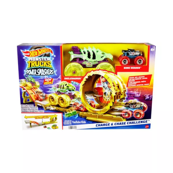Hot Wheels Monster Trucks Power Smashers – Pista Charge & Chase con Skelesaurus e Bone Shaker 1:64 Mattel HYT07