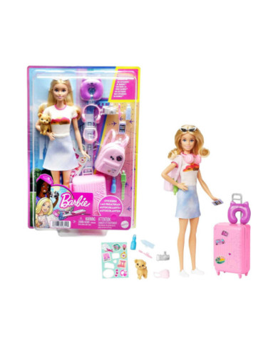 Barbie Set da Viaggio Malibu – Bambola con Cagnolino, Valigia e 10 Accessori da Viaggio Funzionanti Mattel 3+ Anni