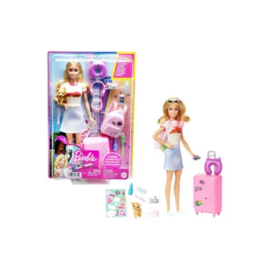 Barbie Set da Viaggio Malibu – Bambola con Cagnolino, Valigia e 10 Accessori da Viaggio Funzionanti Mattel 3+ Anni