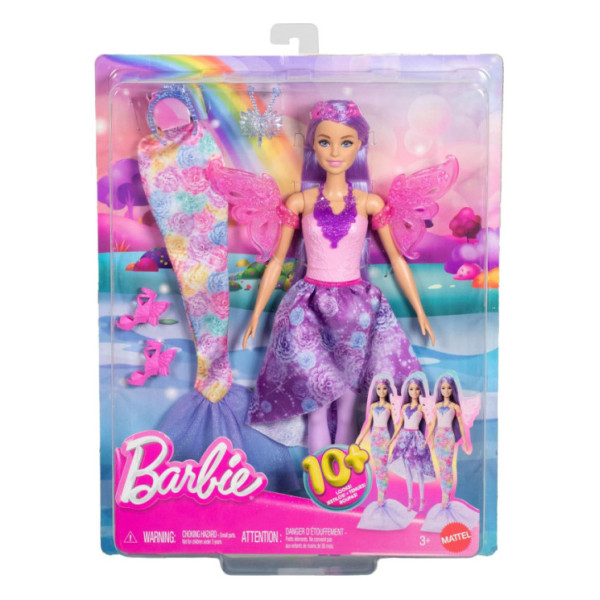 Barbie Fantasy Fashion – Bambola con 8 Accessori, Abiti da Sirena e Fata per 10 Look Magici  3+ Anni JCP74