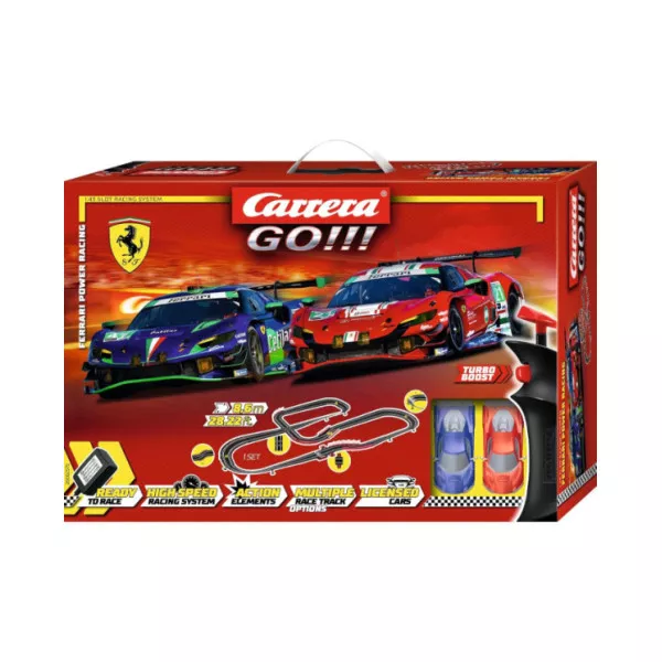Pista Carrera GO!!! Ferrari Power Racing 8,6 m – Circuito Elettrico con 2 Auto Ferrari GT3 per Bambini 5+ Anni