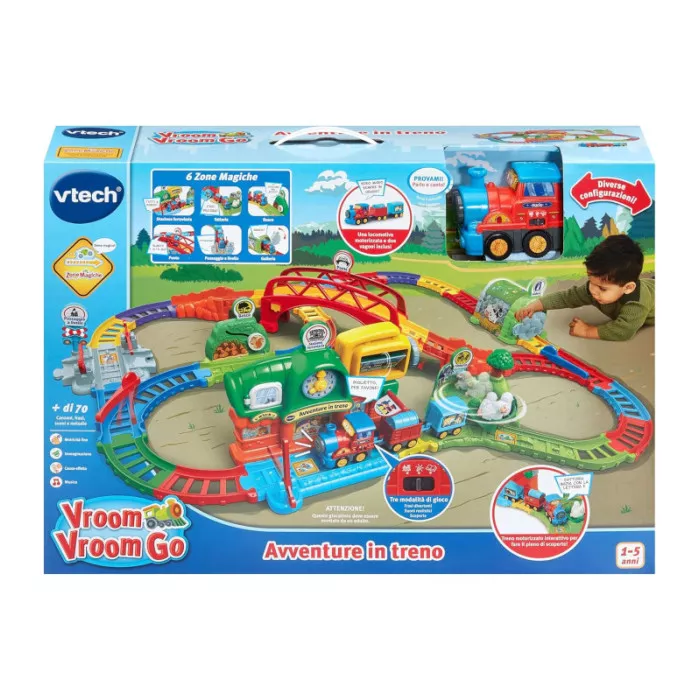 Pista Trenino Elettrico Vroom Vroom Go – Avventure in Treno con Ostacoli e Zone Magiche, 1-5 Anni VTech