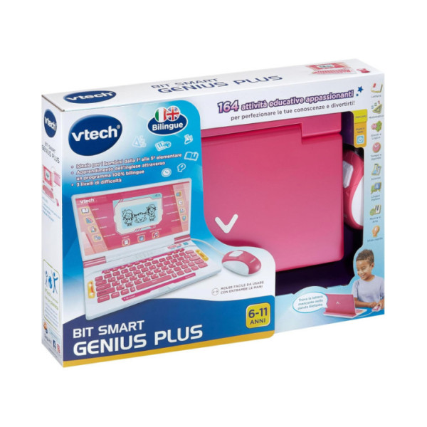 Computer Interattivo Bit Smart Genius Plus Rosa – Laptop Didattico Bilingue con Mouse, 164 Attività, 6-11 Anni VTech