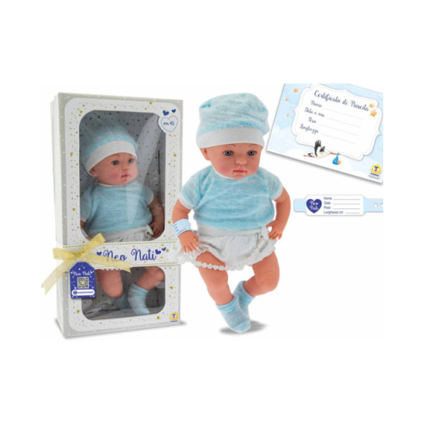 Bambolotto Neonato 45cm – Corpo Morbido in Vinile, Outfit Azzurro e Certificato di Nascita, 3+ Anni