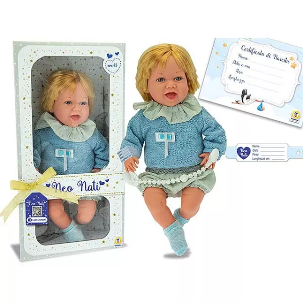 Bambolotto Neonato 45cm – Corpo Morbido in Vinile, Outfit Azzurro Elegante e Certificato di Nascita, 3+ Anni