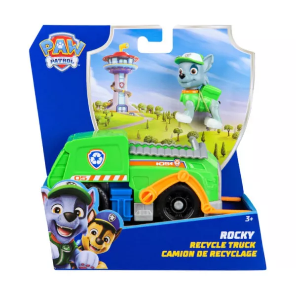 Paw Patrol Camion della Raccolta Rifiuti di Rocky con Veicolo e Personaggio 3+ Anni, Gioco Immaginazione Bambini