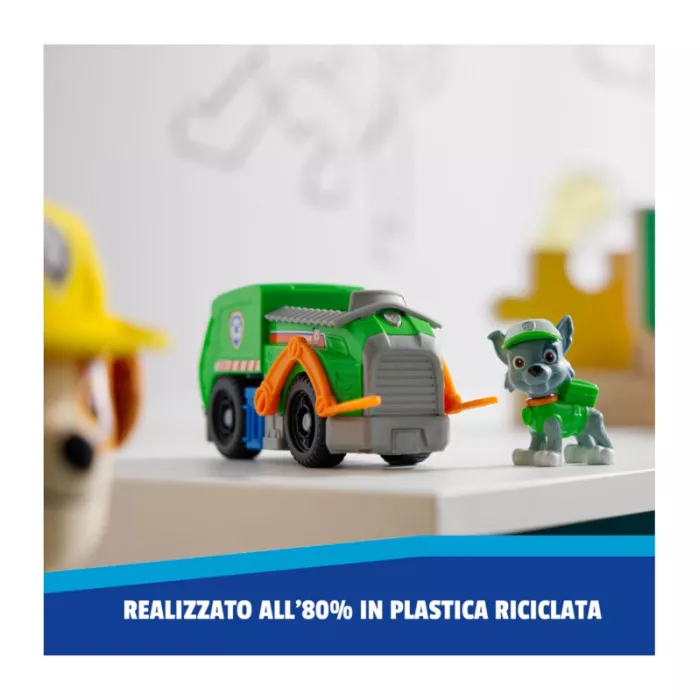 Paw Patrol Camion della Raccolta Rifiuti di Rocky con Veicolo e Personaggio 3+ Anni, Gioco Immaginazione Bambini