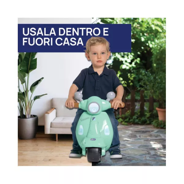 Vespa Primavera Verde Acqua – Moto Cavalcabile 1-3 Anni con Luci, Suoni e Ruote di Supporto Rimovibili, Max 25 kg