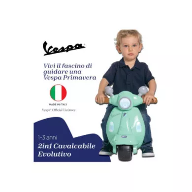 Vespa Primavera Verde Acqua – Moto Cavalcabile 1-3 Anni con Luci, Suoni e Ruote di Supporto Rimovibili, Max 25 kg