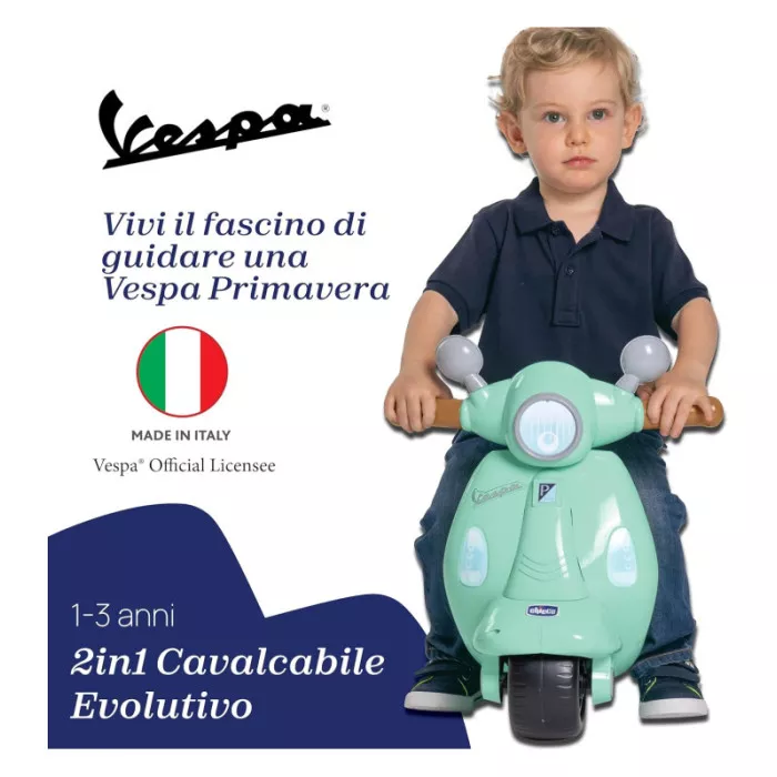 Vespa Primavera Verde Acqua – Moto Cavalcabile 1-3 Anni con Luci, Suoni e Ruote di Supporto Rimovibili, Max 25 kg