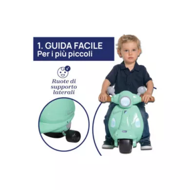 Vespa Primavera Verde Acqua – Moto Cavalcabile 1-3 Anni con Luci, Suoni e Ruote di Supporto Rimovibili, Max 25 kg