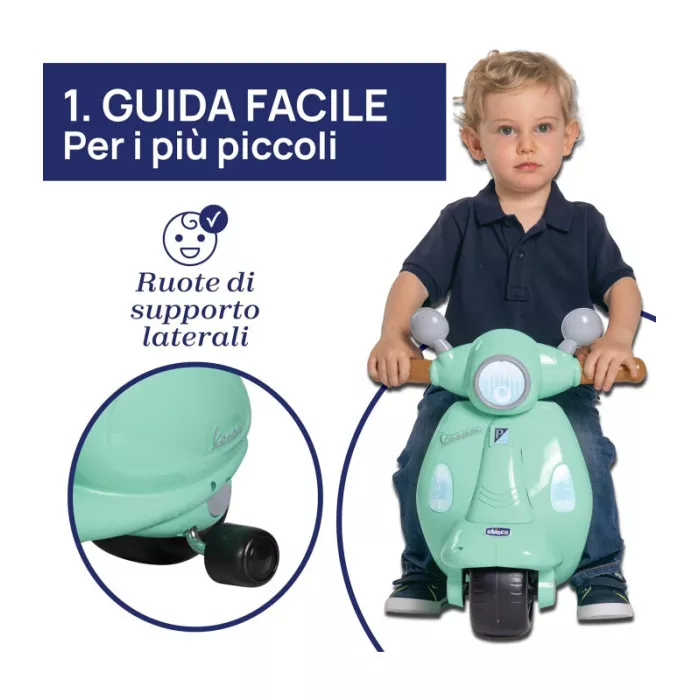 Vespa Primavera Verde Acqua – Moto Cavalcabile 1-3 Anni con Luci, Suoni e Ruote di Supporto Rimovibili, Max 25 kg