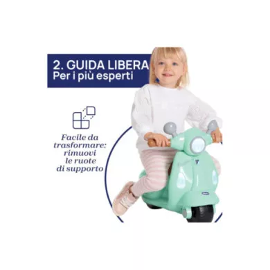 Vespa Primavera Verde Acqua – Moto Cavalcabile 1-3 Anni con Luci, Suoni e Ruote di Supporto Rimovibili, Max 25 kg