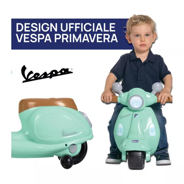 Vespa Primavera Verde Acqua – Moto Cavalcabile 1-3 Anni con Luci, Suoni e Ruote di Supporto Rimovibili, Max 25 kg