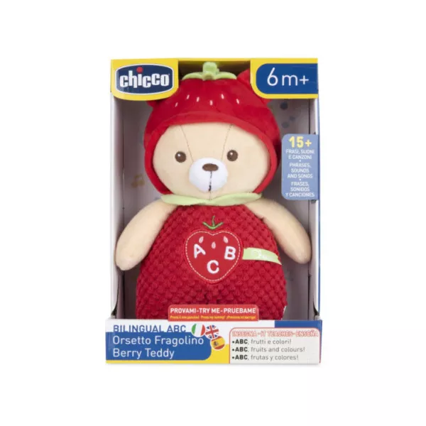 Orsetto Fragolino Chicco – Peluche Interattivo Trilingue ABC con Suoni e Filastrocche, 6+ Mesi