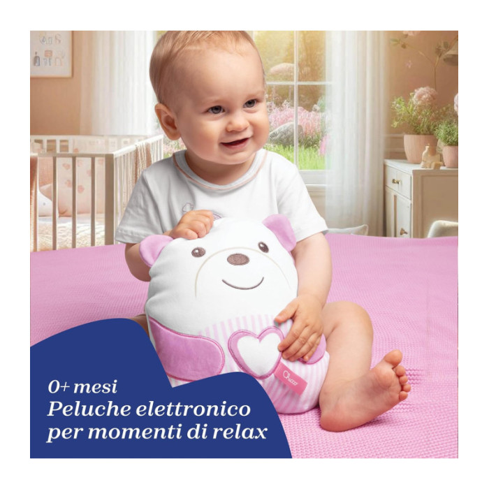 Peluche Orsetto Rosa Chicco – Peluche Elettronico Morbido con Musica Rilassante e Luce Soffusa, 0+ Mesi