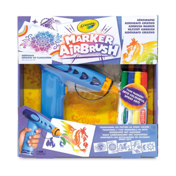 Marker Airbrush – Aerografo Creativo per Bambini con 8 Pennarelli Lavabili e 5 Stencil, Attività Artistiche 6+ Anni CRAYOLA