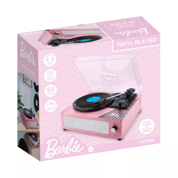 Barbie Vinyl Player – Giradischi in Legno con Speaker Integrato, Bluetooth e 3 Velocità, Design Rosa Lisciani