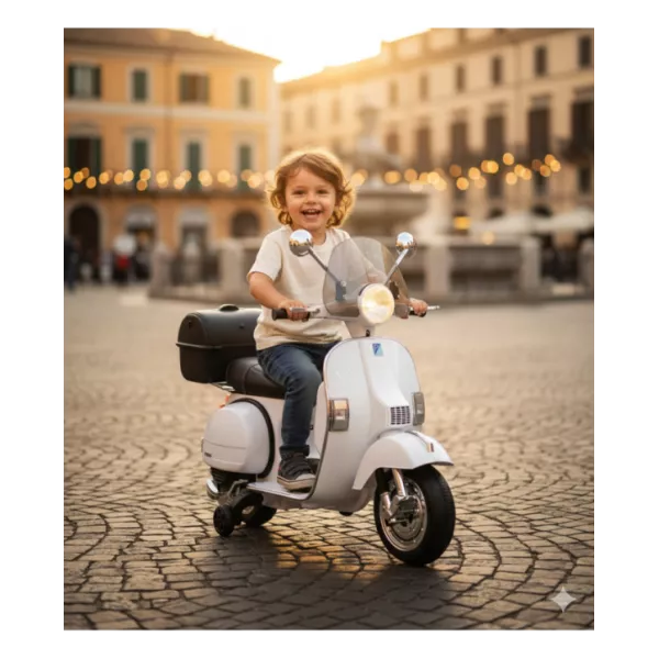 Piaggio Vespa PX150 Moto Elettrica 12V per Bambini Bianca con Bauletto e Luci