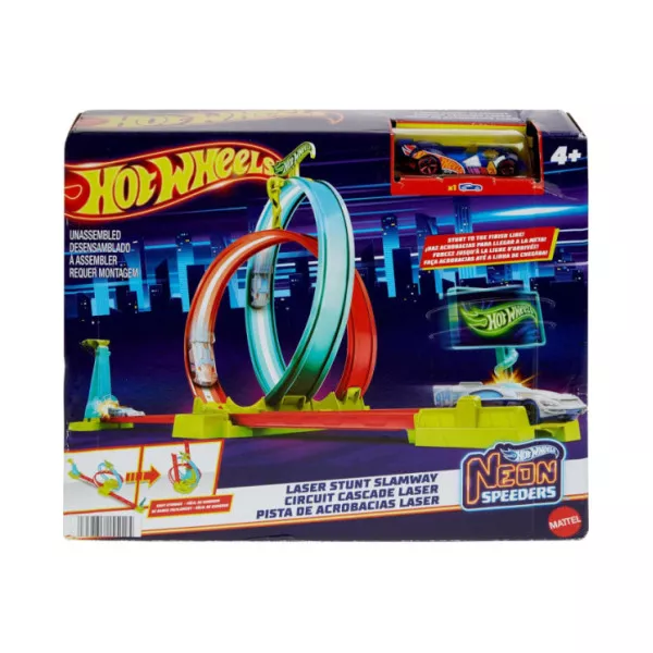 Pista Hot Wheels Neon Speeders Laser Stunt Slamway – Circuito Acrobatico con Loop, Gioco di Azione Bambini 4+ Anni