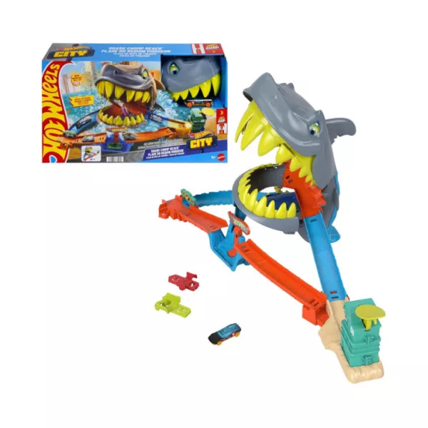 Hot Wheels Squalo Scontri in Spiaggia - Pista con Lanciatore e Veicolo, 4+ Anni