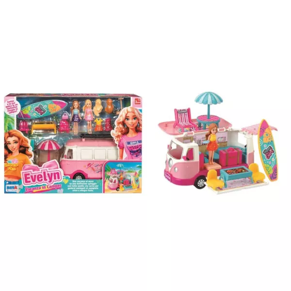 Camper Bambola Evelyn Vacanza – Playset Camper Apribile con Bambola e Accessori Gioco di Ruolo 3+ Anni