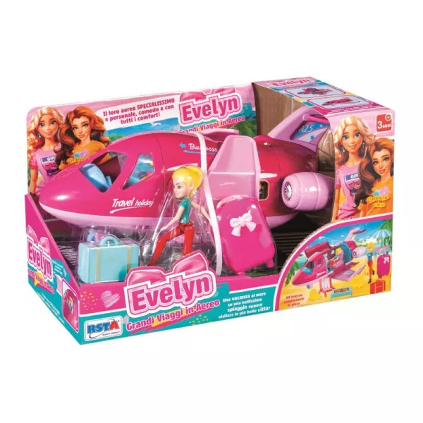 Playset Aereo Bambola Evelyn con Accessori – Aereo Giocattolo con Bambola e Valigie Gioco di Ruolo 3+ Anni