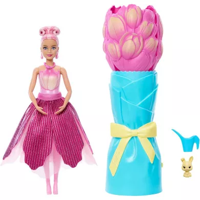 Barbie Flower Reveal - Bambola Profumata Tulipano Rosa con Bouquet a Sorpresa, Gioco Interattivo con Acqua, 3+ Anni