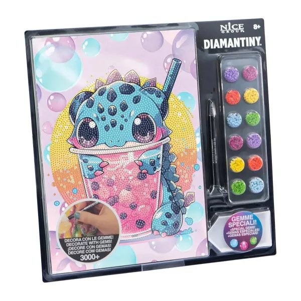 DIAMANTINY  Level Up Boba Tea Dragon - Kit Mosaico con Numeri e Gemme 3D, Gioco Creativo per Bambini 8+