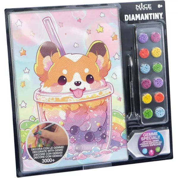 DIAMANTINY Level Up Boba Tea Doggy - Kit Mosaico con Numeri e Gemme 3D per Bambini 8+