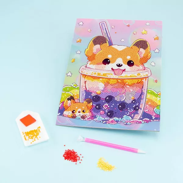 DIAMANTINY Level Up Boba Tea Doggy - Kit Mosaico con Numeri e Gemme 3D per Bambini 8+