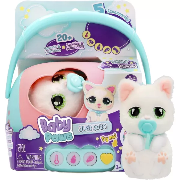 BABY PAWS Just Born Kitty Cucciolo Interattivo con Trasportino Elettronico, Gioco di Cura per Bambini 3+