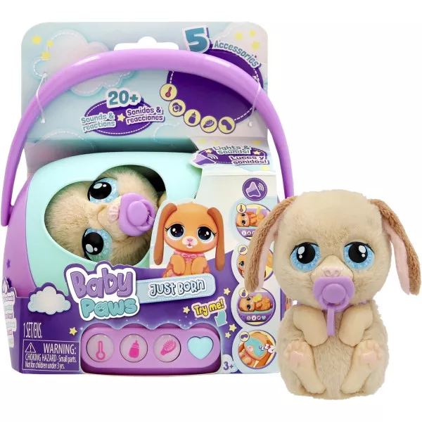 BABY PAWS Just Born Puppy: Cucciolo Interattivo con Trasportino Elettronico, Gioco di Cura per Bambini 3+