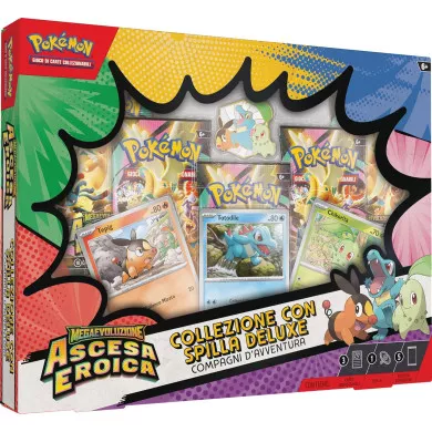 Pokémon Carte da Gioco: Collezione Spilla Deluxe Megaevoluzione Ascesa Eroica (3 Carte Promo Olografiche, 5 Buste Espansione)