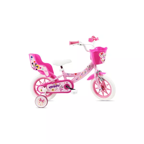 Bicicletta Bambina Minnie Disney 12 Pollici con Cestino e Seggiolino Bambola – Bici Rosa con Rotelle 3-5 Anni