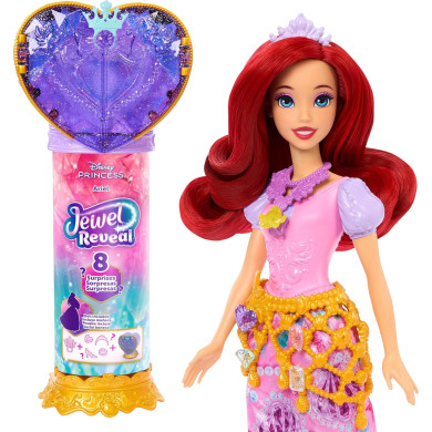 Disney Princess Ariel Jewel Reveal Bambola con Accessori a Sorpresa, Portagioie e Anello, Gioco di Emulazione 3+ Anni