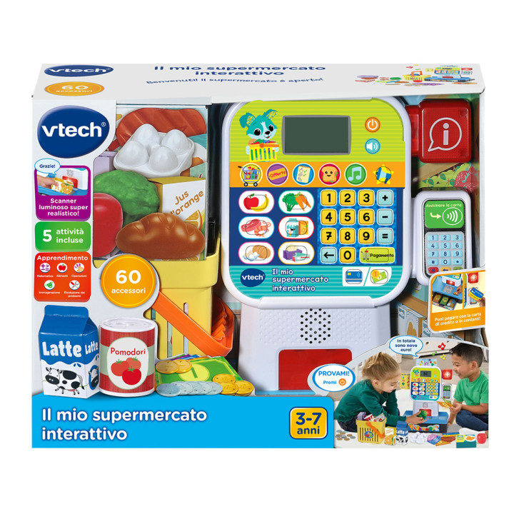 Gioco Supermercato Interattivo VTech con Registratore di Cassa, Scanner e 60 Accessori per Bambini 3-7 Anni